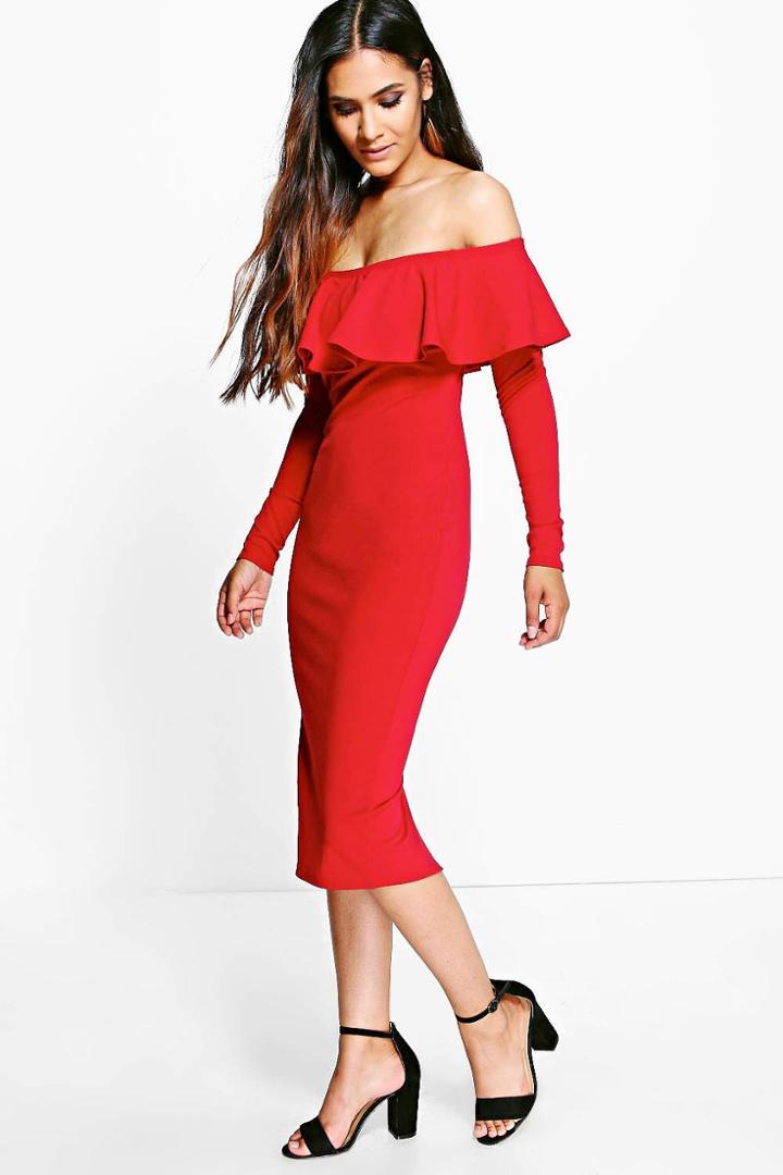 Boohoo Jayne Off Shoulder Frill Midi Bodycon Dress Scarlet