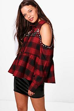 Boohoo Eliza Cold Shoulder Check Shirt