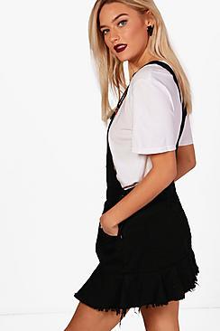 Boohoo Rosie Ruffle Hem Denim Pinafore Dress