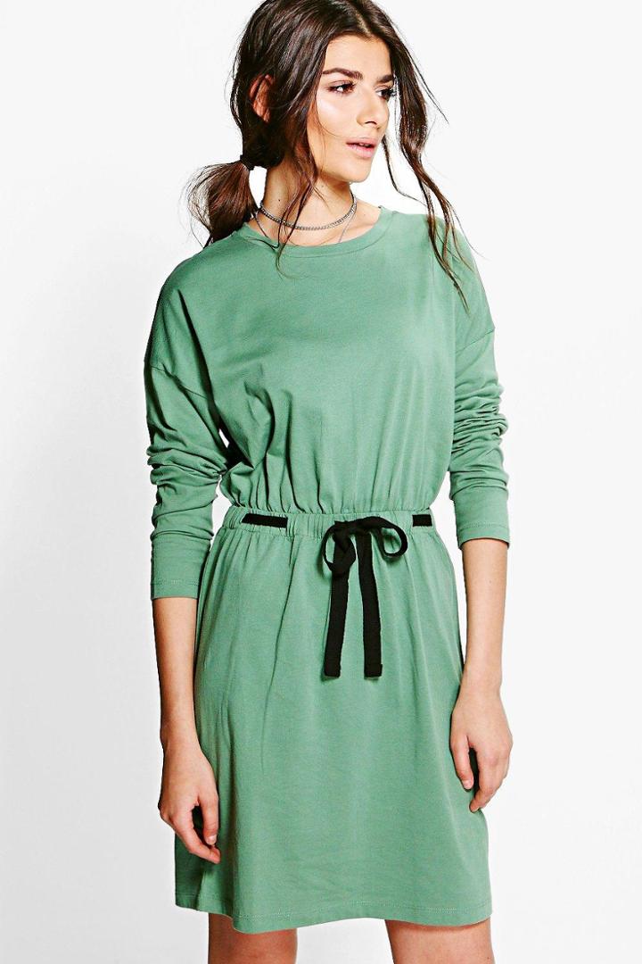 Boohoo Casey Draw Cord Detail T-shirt Dress Moss