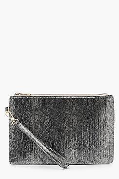 Boohoo Metallic Faux Python Snake Zip Top Clutch