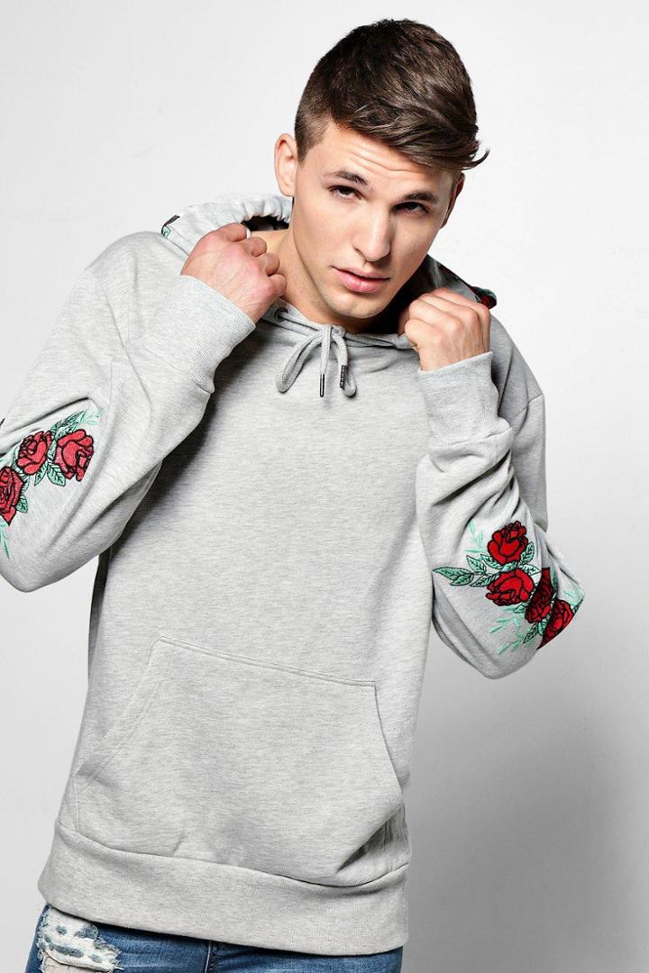 Boohoo Over The Head Hoodie With Rose Embroidery Grey