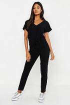Boohoo Ribbed Slouch Tie Jumpsuit