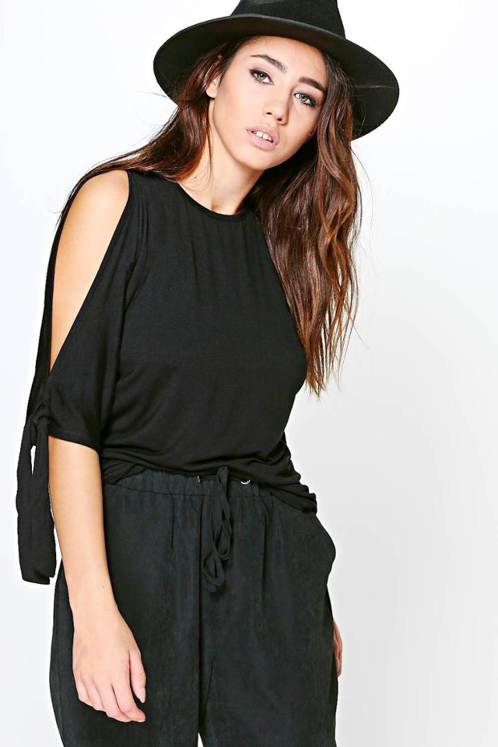 Boohoo Alicia Tie Sleeve Oversized T-shirt Black