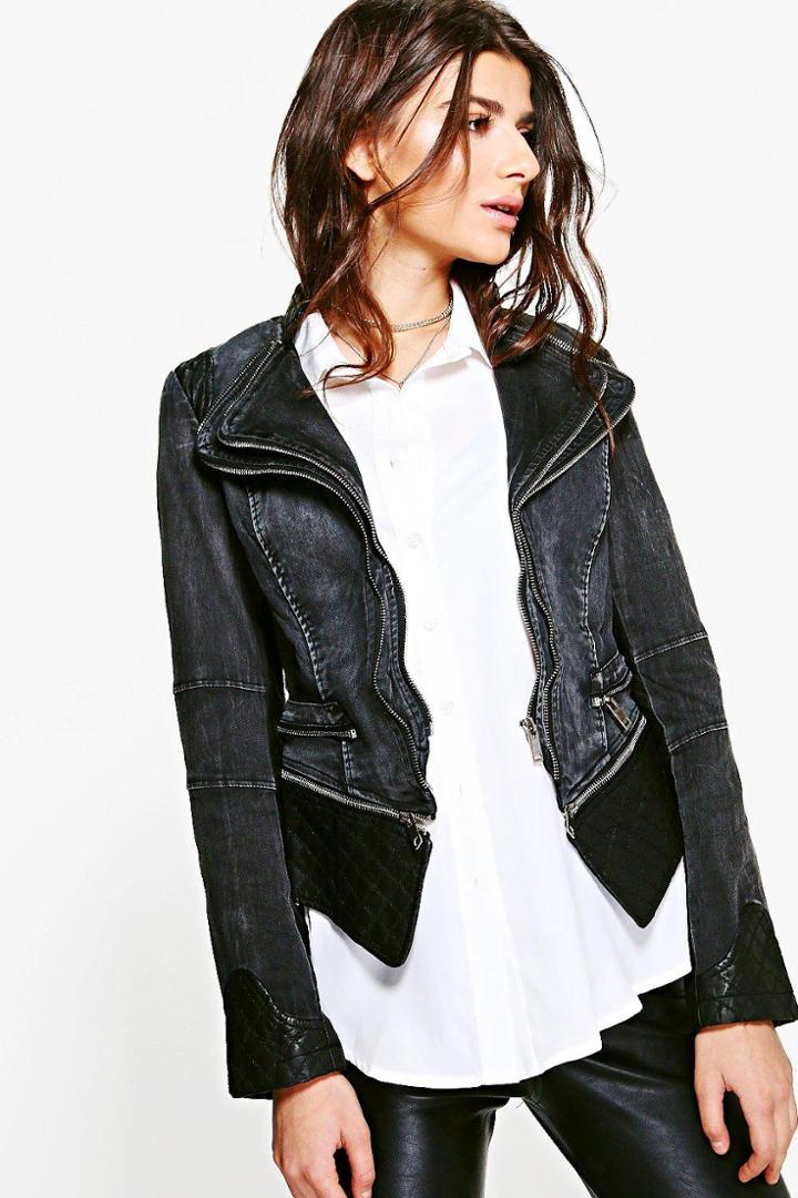 Boohoo Freya Quilted Biker Jacket Black