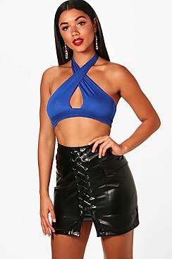 Boohoo Amy Basic Plunge Twist Neck Halter Top