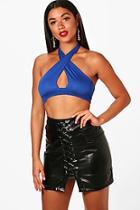 Boohoo Amy Basic Plunge Twist Neck Halter Top