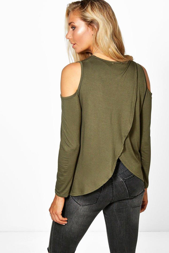 Boohoo Nina Open Shoulder Wrap Back T-shirt Khaki