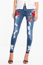 Boohoo Jen Distressed Embroidered Skinny Jeans Blue