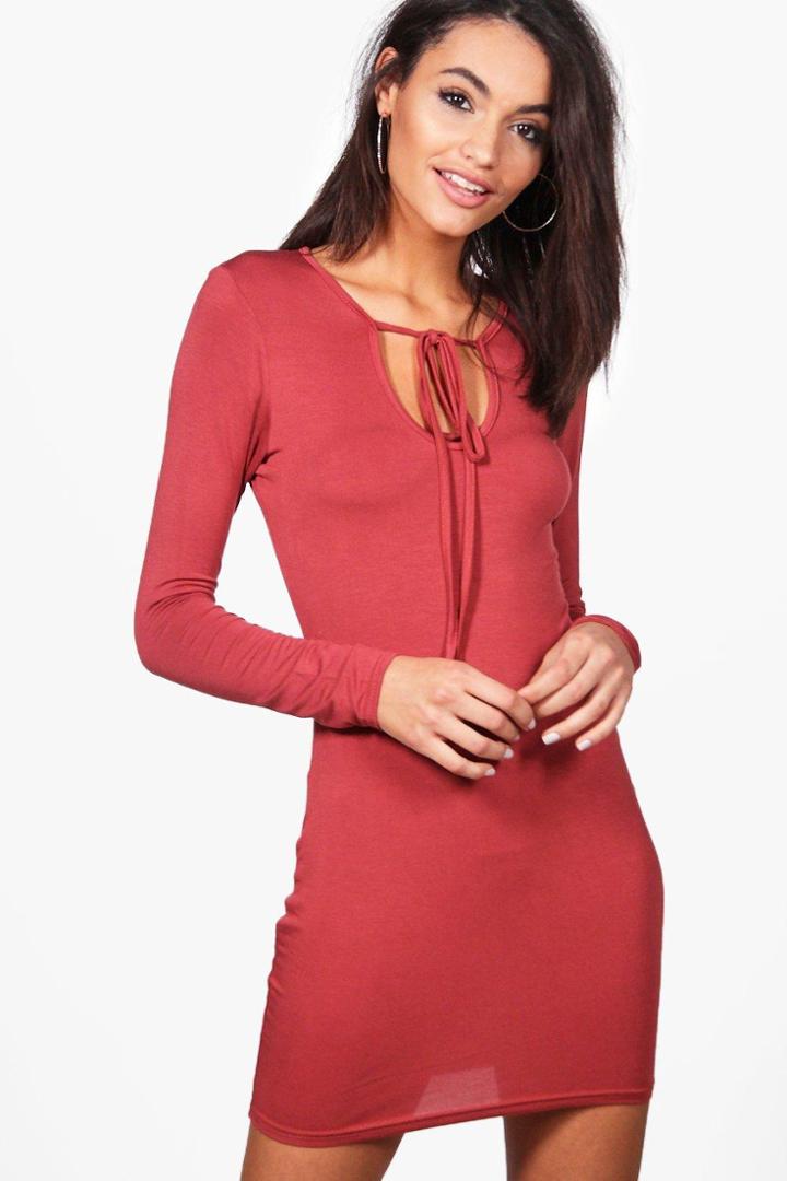 Boohoo Eldora Tie Long Sleeve Bodycon Dress Cinnamon