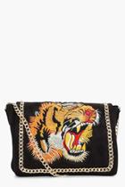 Boohoo Grace Embroidered Tiger Cross Body Bag Black