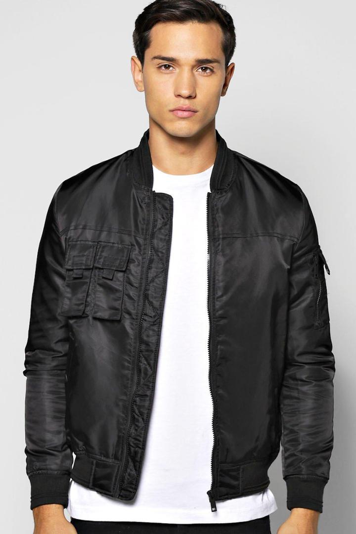 Boohoo Multi Pocket Zip Through Nylon Bomber Jacket Black