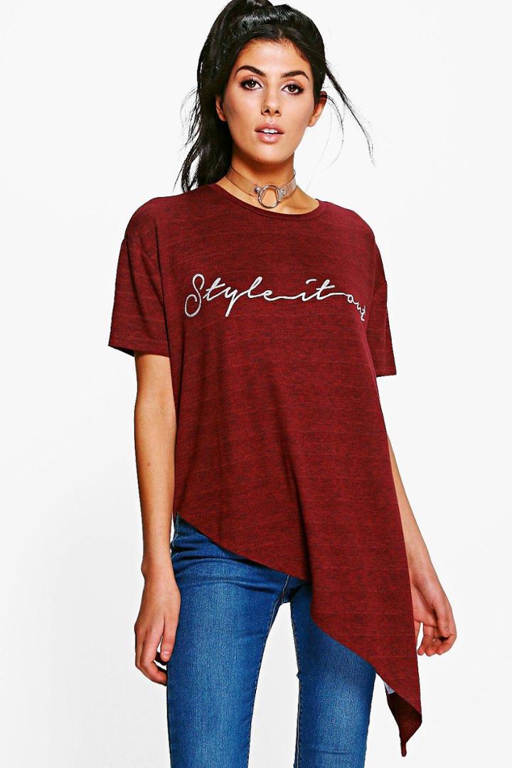 Boohoo Eloise Asymmetric Hem Slogan Tee Wine