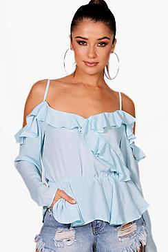 Boohoo Cold Shoulder Ruffle Blouse