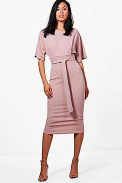 Boohoo Tie Waist Formal Wiggle Midi Dress