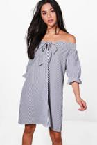 Boohoo Mollie Off The Shoulder Crinkle Stripe Shift Dress Black