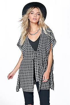 Boohoo Ina Mono Print Woven Tie Front Kimono Top