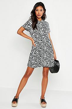 Boohoo Sage Leopard Gathered Waist Smock Dress