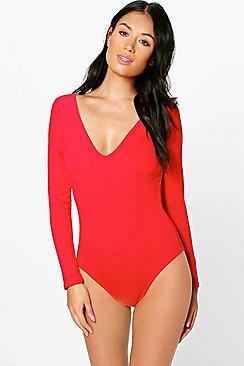 Boohoo Leah Basic Long Sleeve V Neck Body