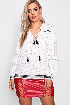 Boohoo Plus Rita Ruffle Collar Polka Dot Smock Top