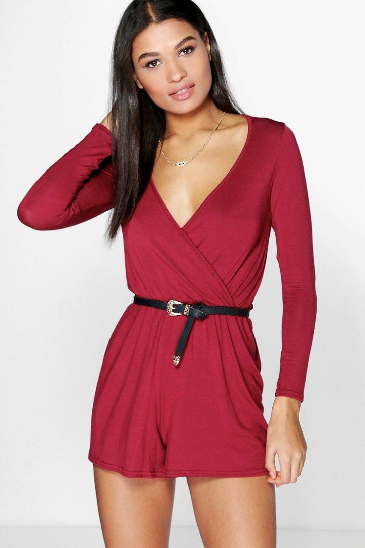 Boohoo Aveline Wrap Over Playsuit Berry