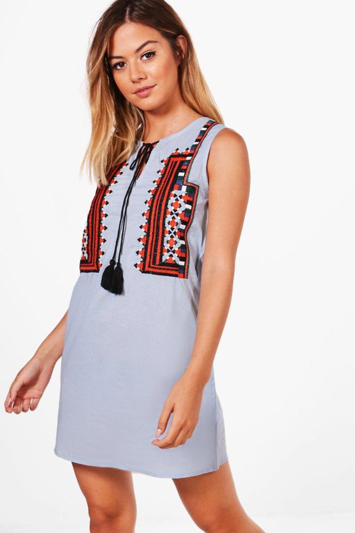 Boohoo Petite Allie Sleeveless Embroidered Skater Dress Blue