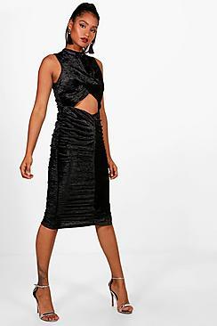 Boohoo Alicia Velvet Wrap And Ruched Midi Dress