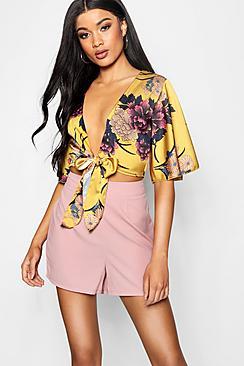 Boohoo Hailey Angel Sleeve Satin Tie Front Crop Blouse