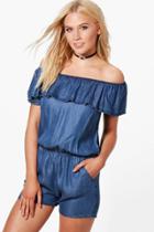 Boohoo Josie Ruffle Bardot Denim Look Playsuit Blue