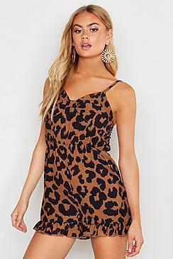 Boohoo Woven Leopard Print Belted Ruffle Hem Playsuit