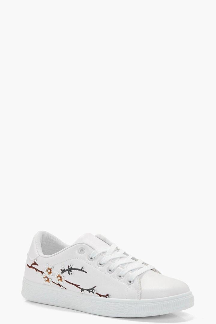 Boohoo Ruby Floral Embroidered Trainer White