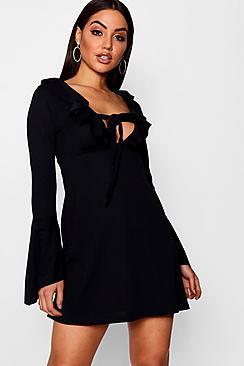 Boohoo Knot Front Flared Sleeve Tea Dress