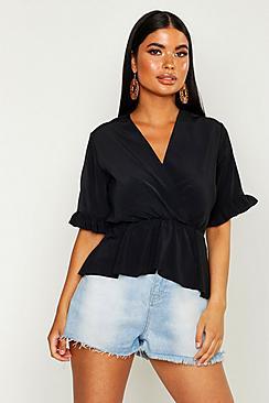 Boohoo Petite Wrap Ruffle Sleeve Peplum Hem Blouse