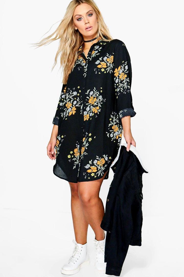Boohoo Plus Gia Floral Shirt Dress Black