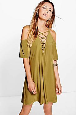 Boohoo Laura Open Shoulder Lace Up Shift Dress