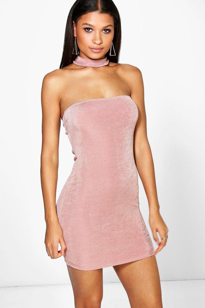 Boohoo Daria Textured Slinky Choker Bodycon Dress Rose