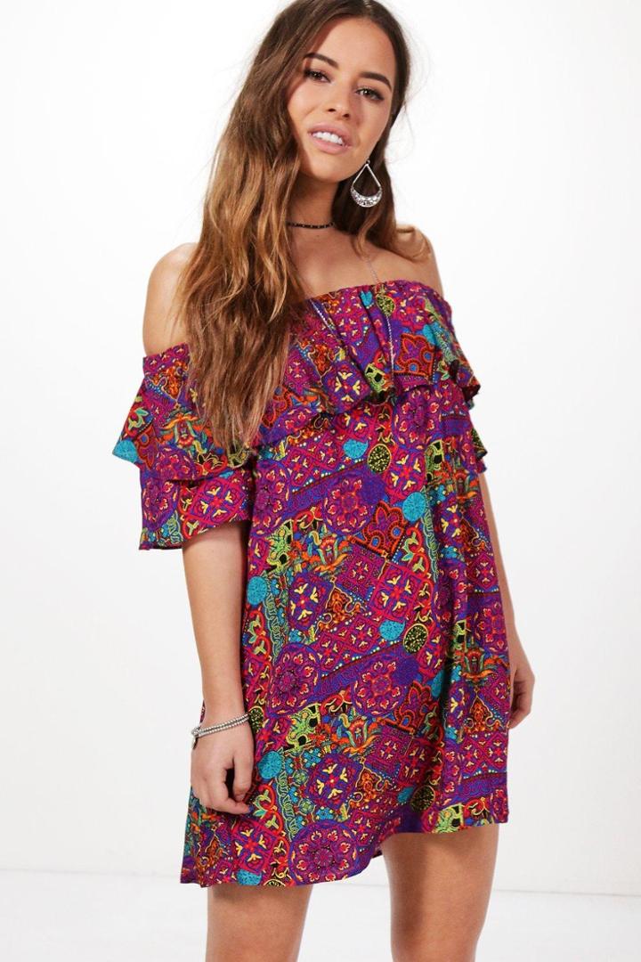 Boohoo Petite Sophie Off The Shoulder Printed Dress Multi