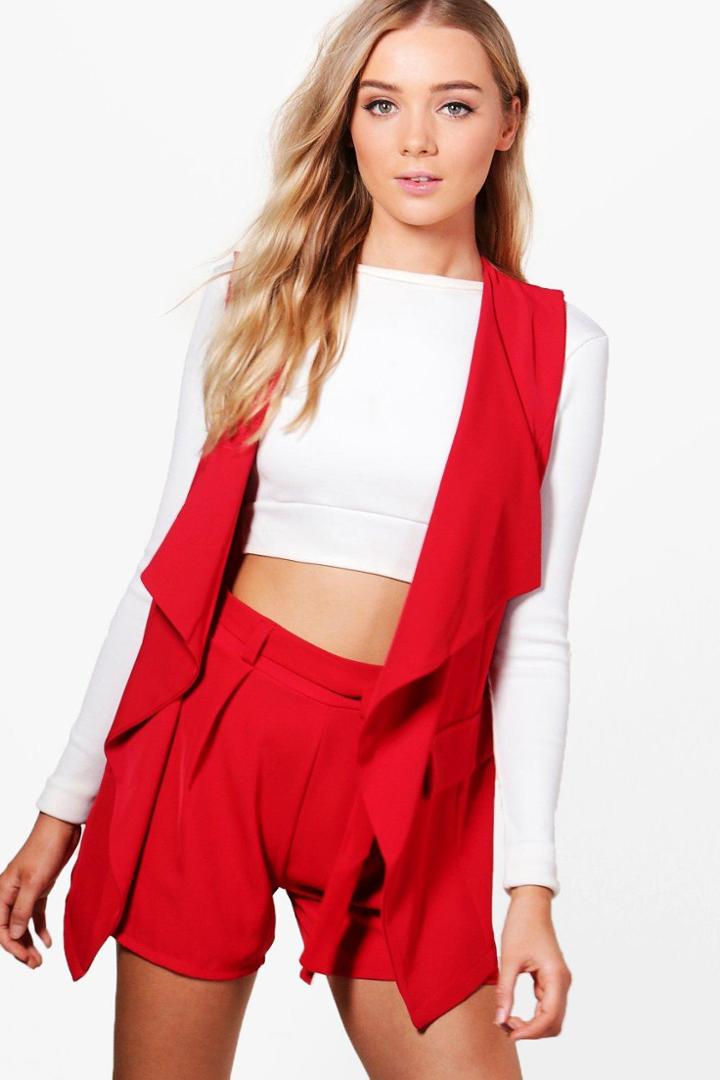 Boohoo Maddison Sleeveless Woven Waterfall Blazer Red