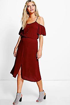Boohoo Woven Cold Shoulder Midi Dress