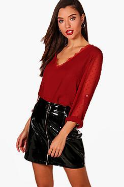 Boohoo Saskia Spot Lace Neck Blouse