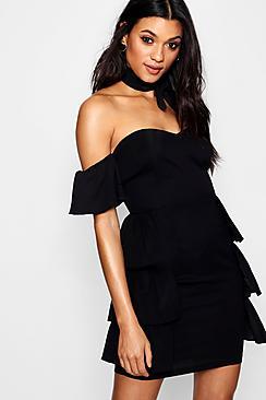 Boohoo Josie Off The Shoulder Ruffle Detail Mini Dress
