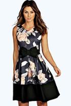 Boohoo Zadie Contrast Hem Bow Waist Skater Dress