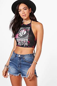 Boohoo Holly Bleached Festival Print Halter Crop