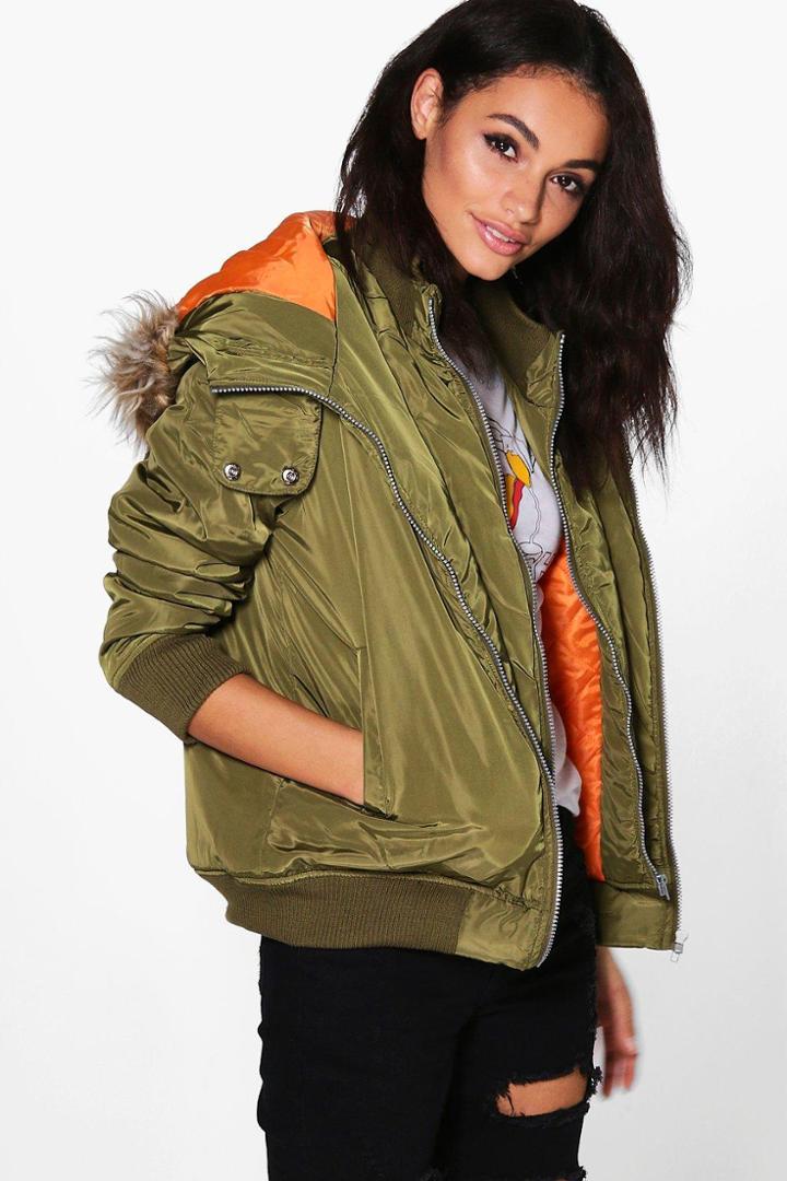 Boohoo Abigail Double Layer Ma1 Bomber Jacket Khaki