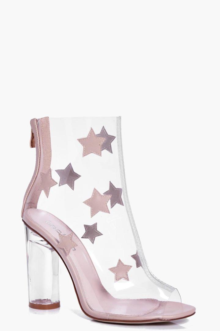Boohoo Lydia Star Trim Clear Peeptoe Boot Nude