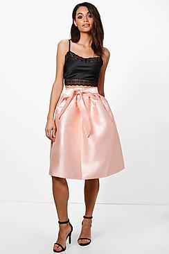 Boohoo Azaria Bow Front Woven Box Pleat Midi Skirt