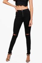 Boohoo Veanne High Waisted Button Fly Skinny Jeans Black