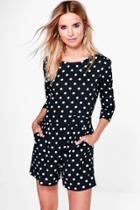 Boohoo Mina Polka Dot 3/4 Sleeve Playsuit Black