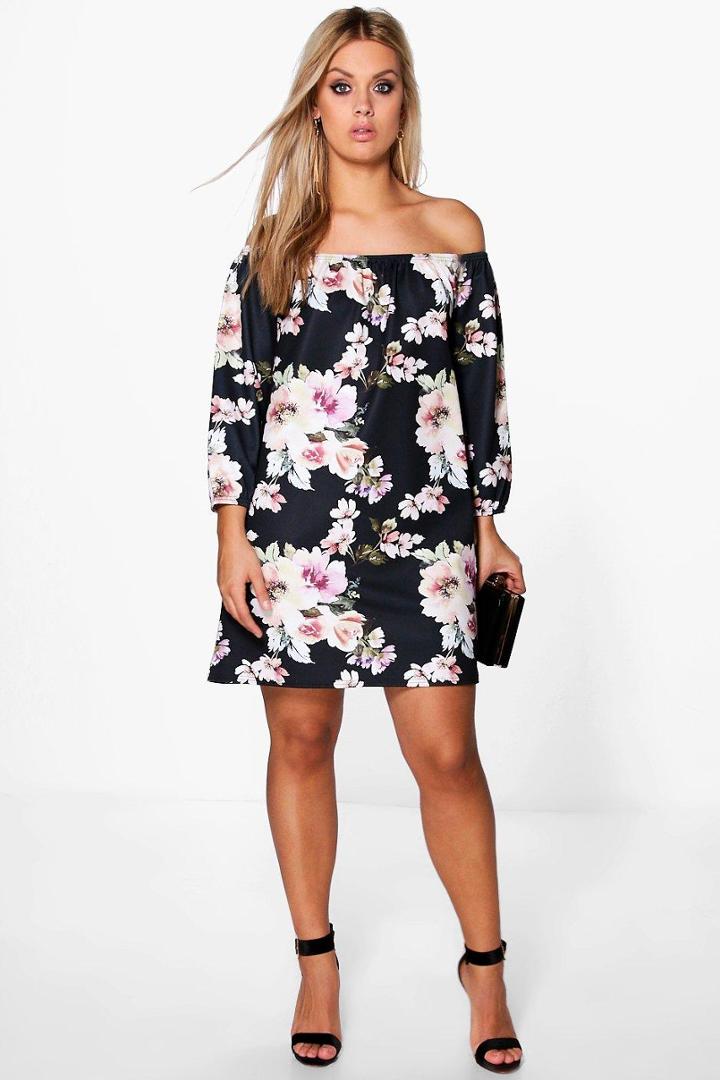 Boohoo Plus Audrey Floral Printed Textured Shift Dress Black
