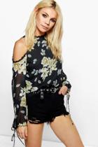 Boohoo Sophie Lace Trim Cold Shoulder Floral Blouse Black